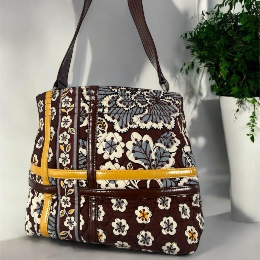 VERA BRADLEY Brown Yellow Floral Quilted Tote Bag Shoulder Purse Silver Accent